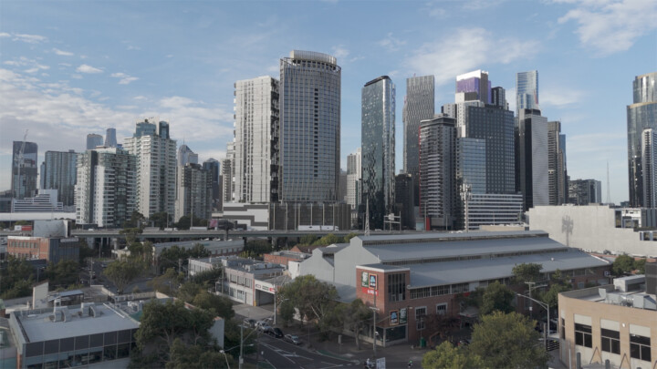 Melbourne cityscape aerial shot from DJI Mini 4 Pro before colour grading — ungraded D-Log M footage
