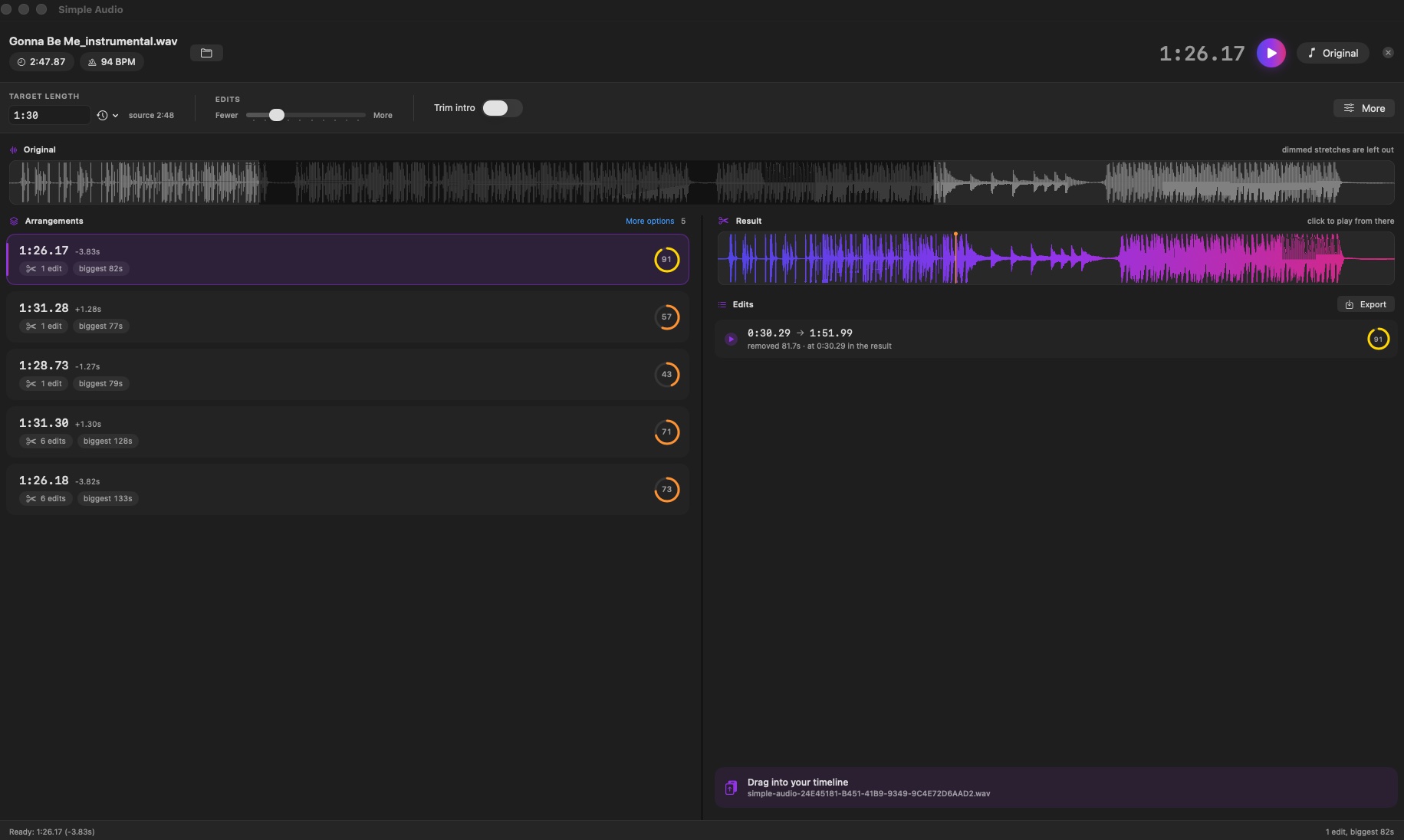 Simple Audio in use: source waveform at top with dimmed sections showing what is left out, five candidate arrangements on the left each with a quality ring, the resulting waveform in purple-to-pink, the edit list, and a Drag into your timeline strip at the bottom right.